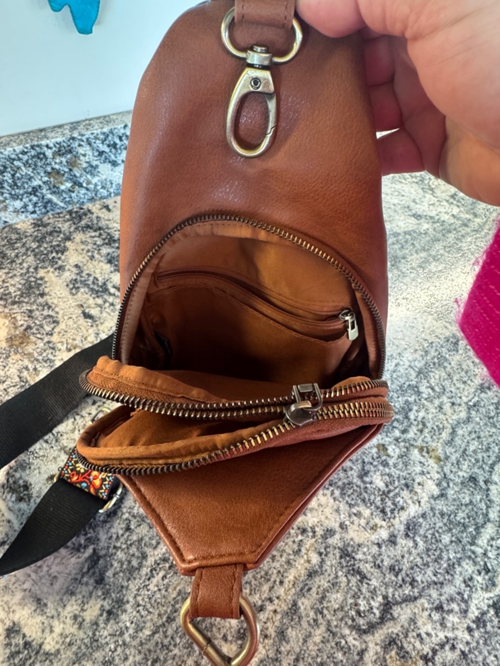 Small Brown Leather Sling Bag with colorful strap - Picture 4 of 4